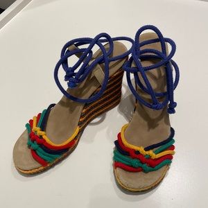 Marc Jacobs Rainbow Striped Espadrille Wedge Open Toe w/ankle tie Size 39